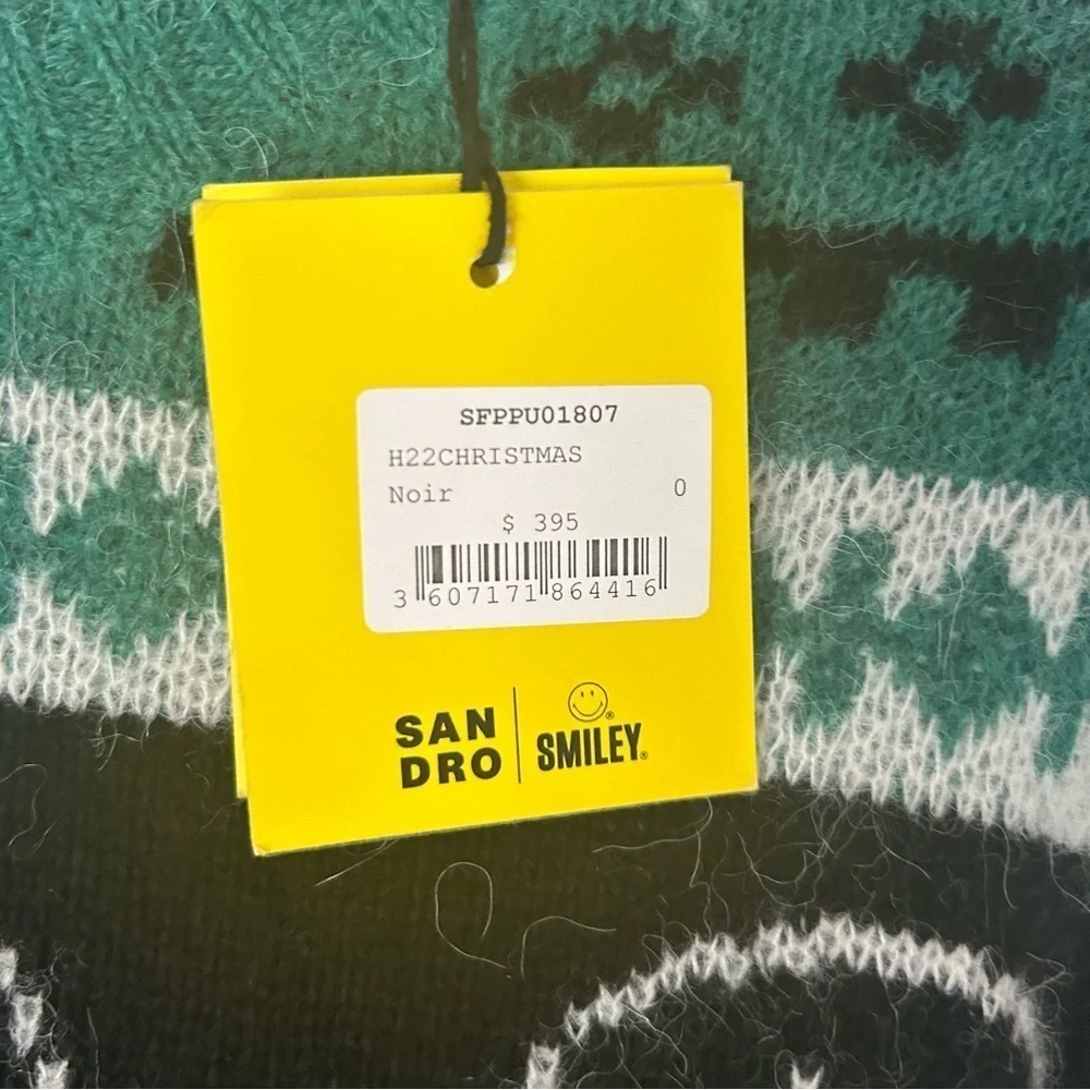 NWT Sandro Green & Black Wool Smiley Intarsia Sweater